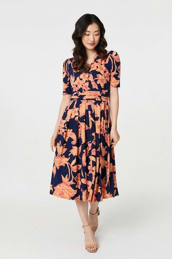 Navy | Printed Shirred Cap Sleeve Knee Length Dress
