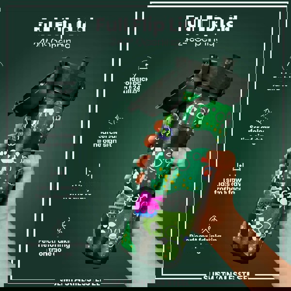 A water bottle with a patterned design is being held; its flip lid opens 240 degrees. The bottle is slim and made of stainless steel. The background is dark green.