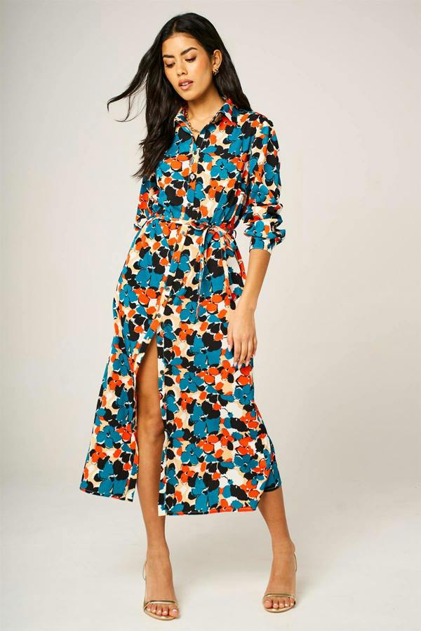 FS Collection Floral Print Shirt Midi Dress In Multi