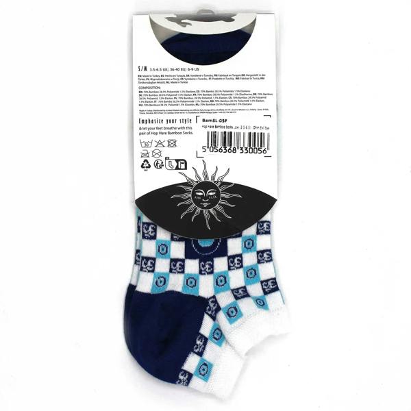 Bamboo socks with white-and-blue check pattern, navy toe/heel, evil-eye motif