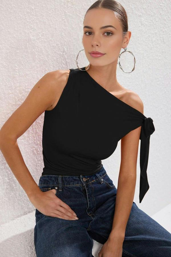 WOVCOR Knit Blouse with Asymmetrical Collar Tie Detail