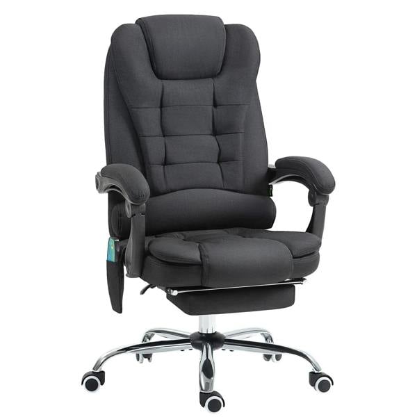 Black heated massage office chair with padded backrest, headrest, and chrome base