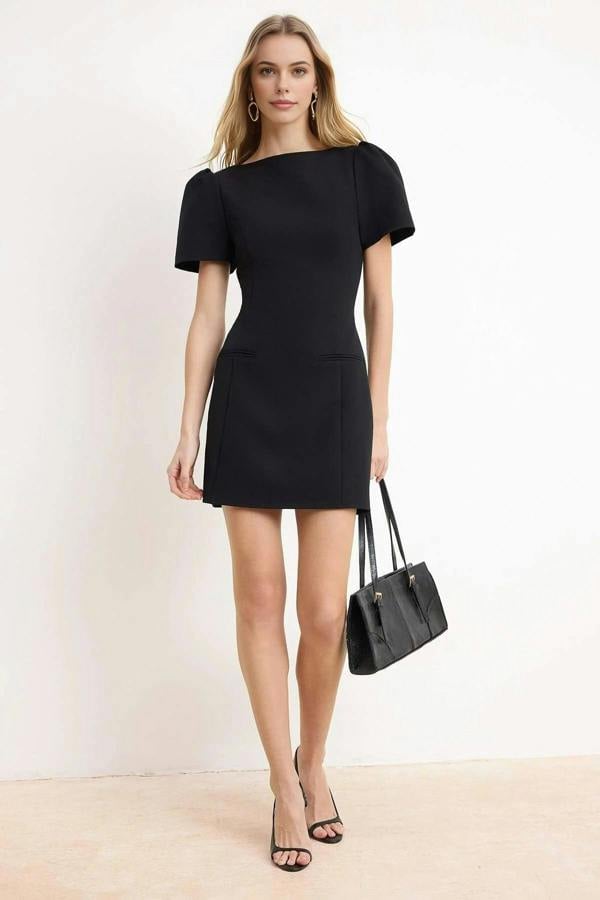 Pocket Detail Balloon Sleeve Mini Dress