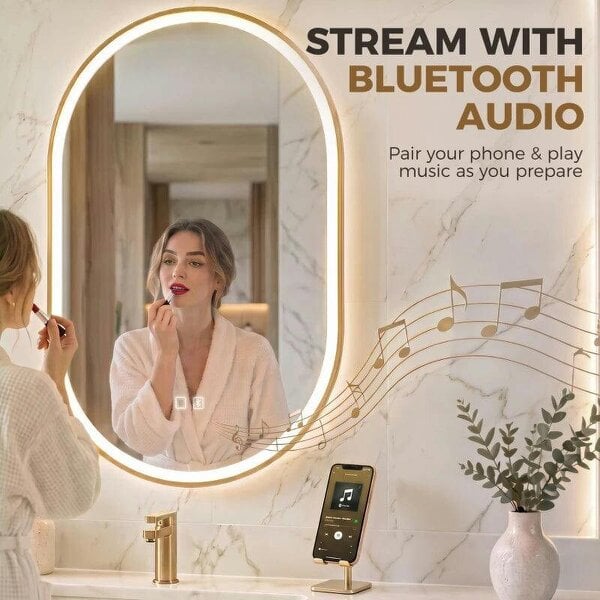 Bathroom Mirror with LED Lights, 100x70cm Oval Bathroom Mirror, Dimmable, Bluetooth, Anti-Fog, Gold Tone