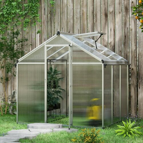 Outsunny 8x6ft Aluminium Greenhouse with/ Door Window Galvanised Base PC Panel