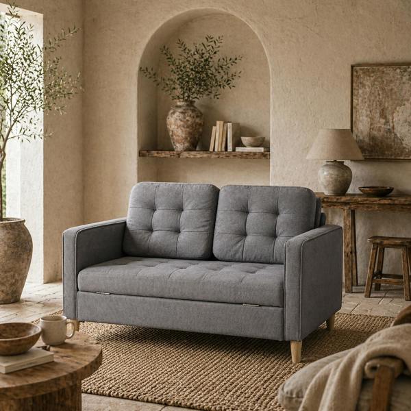 Wyld Haus Labasu Fabric Grey 2 Seater Sofa With Hidden Storage Tufted Seat And Wooden Legs