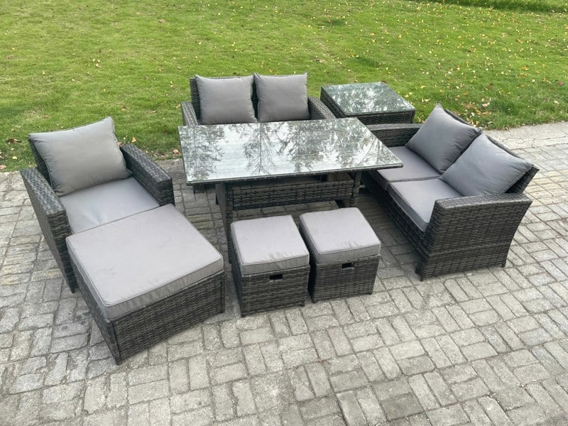 Fimous 8 Seater Dark Grey Mixed PE Rattan Outdoor Dining Set - Rectangular Dining Table, Double Sofa & 3 Footstools