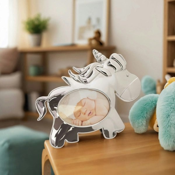 Cute Unicorn Themed Shiny Nickel Plated Metal Baby Oval Picture Frame Image 5