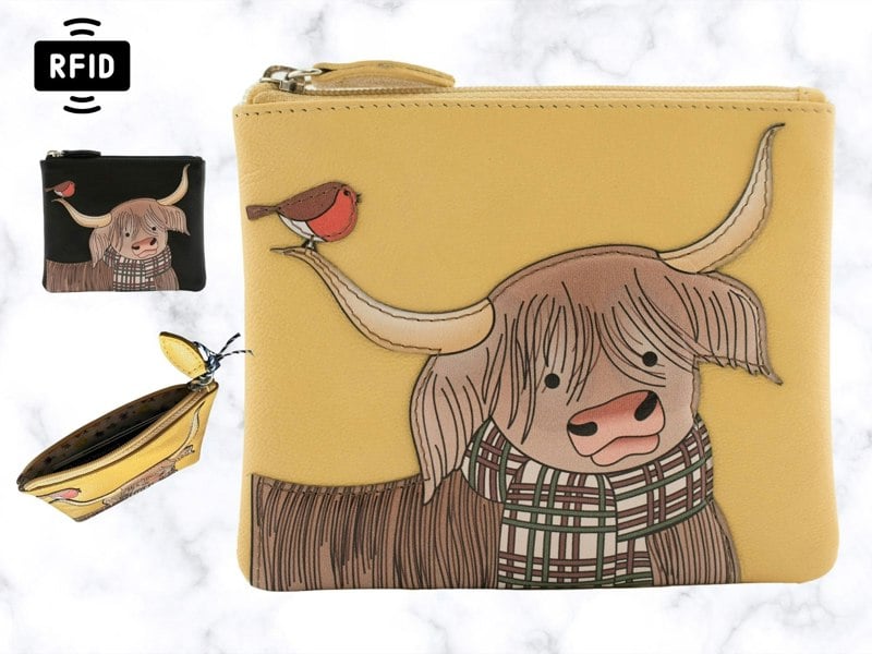 Mala Leather Callum Highland Cow & Robin RFID Leather Coin & Card Purse