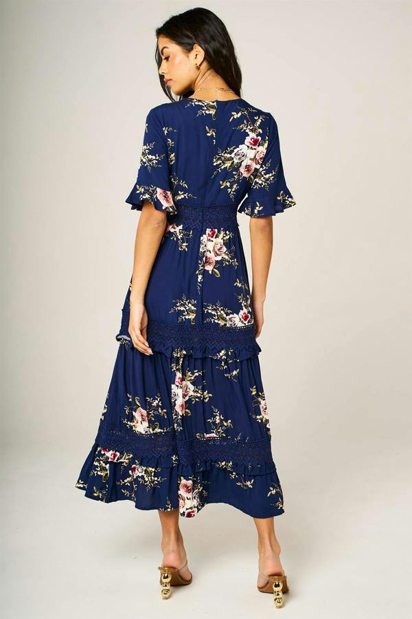FS Collection Floral Print V Neck Lace Detail Midi Dress In Navy