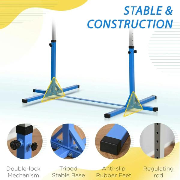 Blue horizontal bar stand base with rubber feet and height-adjustable posts