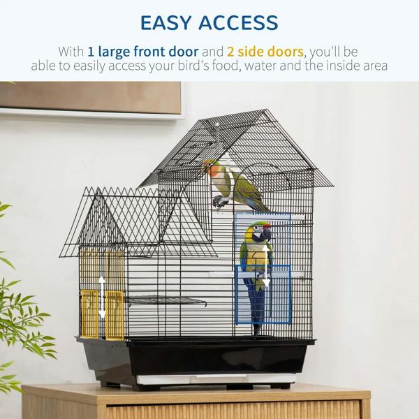 Black metal bird cage with large front door and two side access doors