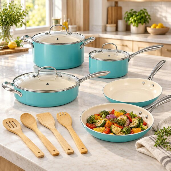 Gr8 Home 12 Piece Ceramic Non Stick Induction Cookware Set Teal Pots & Pans Lids Utensils