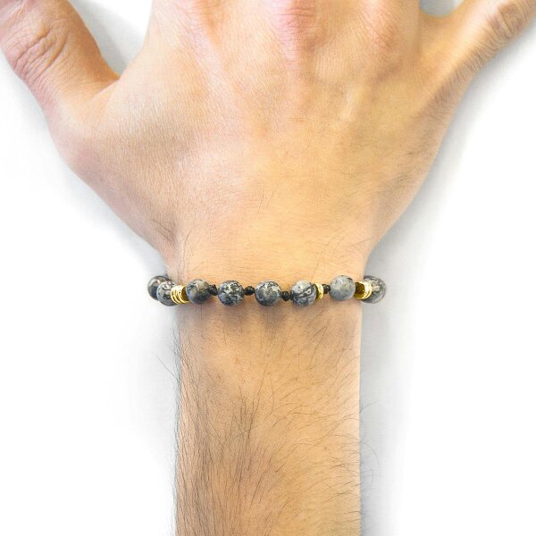Anchor & Crew Grey Jasper Agaya 9ct Yellow Gold and Stone Beaded Macrame Bracelet