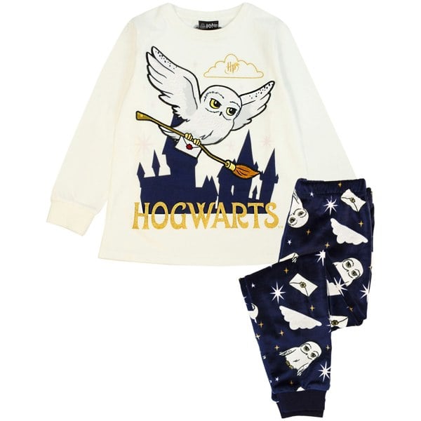 Harry Potter Girls Hedwig Fleece Long Pyjama Set - Off White/Navy