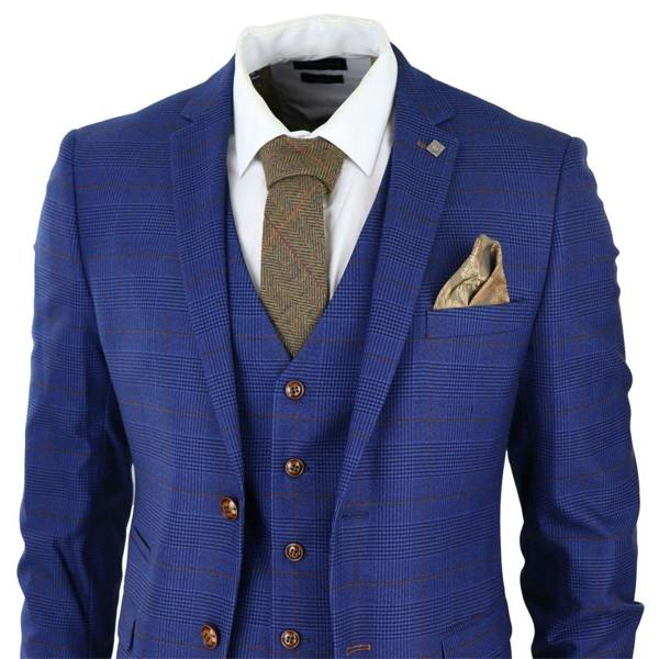 Paul Andrew Mens Blue Brown Check 3 Piece Tailored Fit Suit