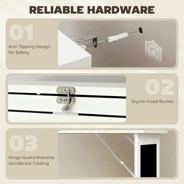Fold-out work desk hardware details with anti-tilt and hinge guard features