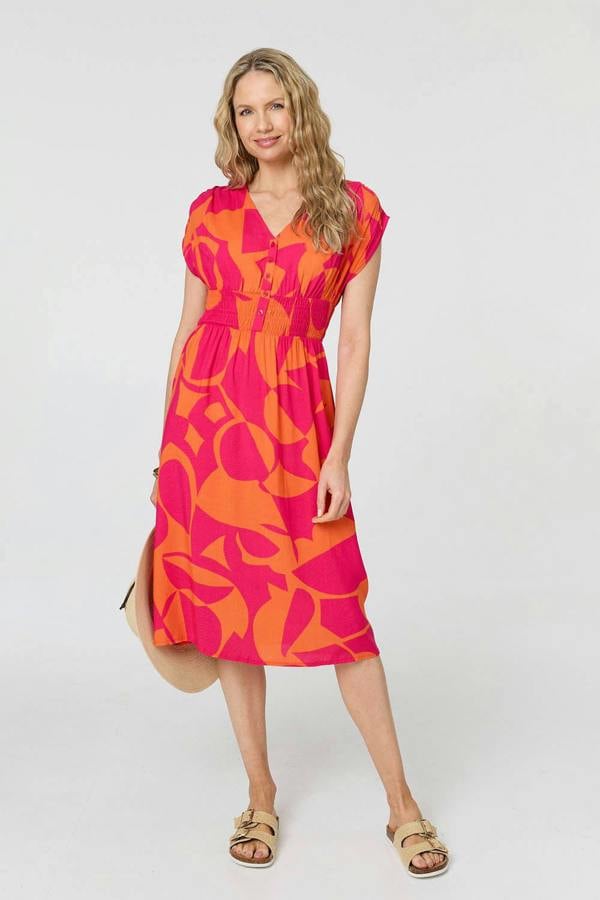 Pink | Abstract Cap Sleeve Shirred Midi Dress