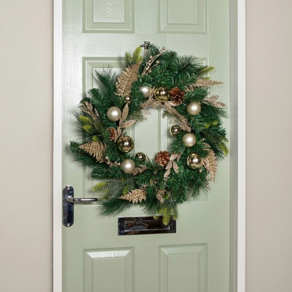 Samuel Alexander 60cm Hanging Christmas Wreath with Gold Baubles, Pinecones & Glitter Berries