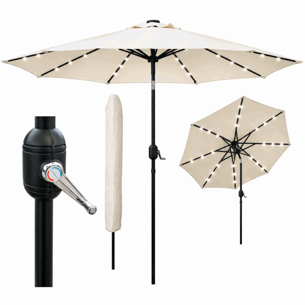 GlamHaus Garden Parasol Solar LED 2.7M ,Tilting Table Umbrella with Crank Handle, Protection UV40, Includes Parasol Cover- Cream