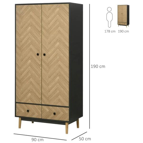 Tall wardrobe cabinet with wood-grain double doors, two drawers, and black edges