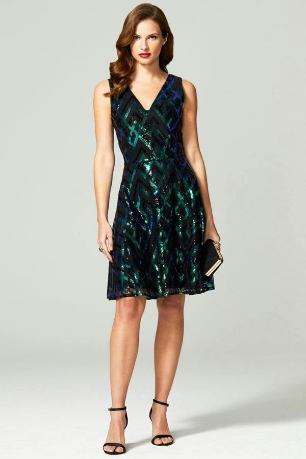 HotSquash Sequin V Neck Fit and Flare Dress