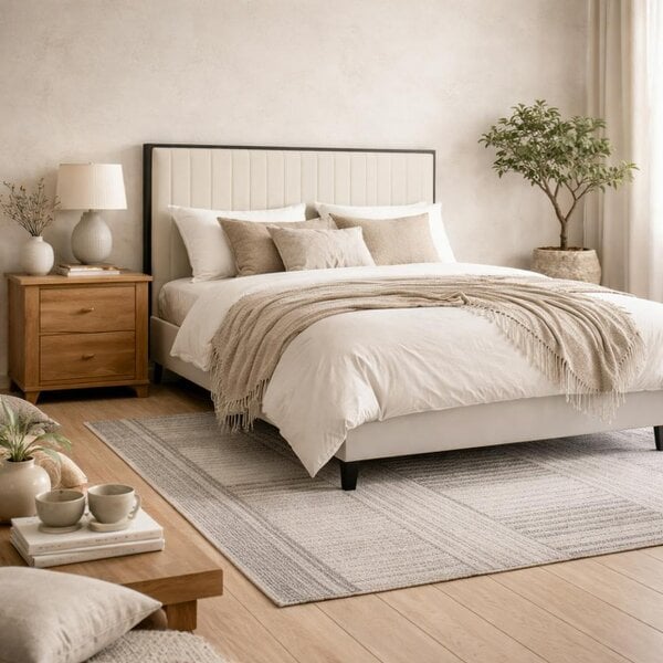 Wyld Haus Killarney Cream and Black Upholstered 4ft6 Double Bed with Tall Ribbed Headboard