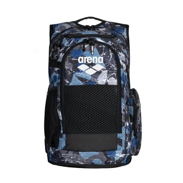 Arena All Set 45L Backpack in blue camo with mesh pocket and logo