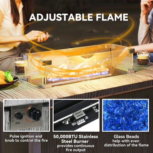 Wyld Haus Luno Rectangular Steel Dark Grey Gas Fire Pit Table With Cover And Glass Screen