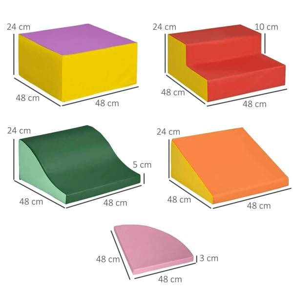 Six-piece foam play set shown with dimensions: yellow, red, green, orange, and pink parts