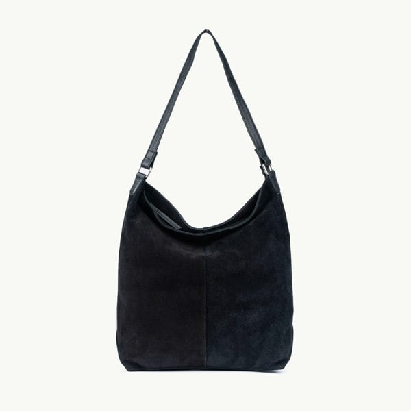 Assots London 'TINA' Black Suede Real Leather Unlined Slouchy Shopper Tote Bag