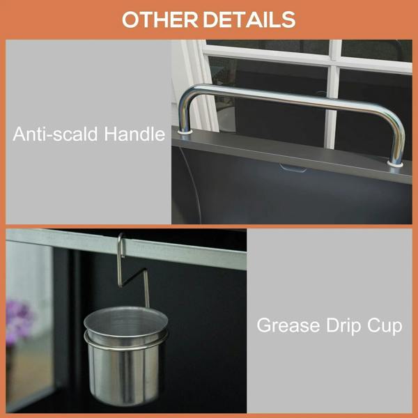Black BBQ grill with anti-scald lid handle and a hanging grease drip cup