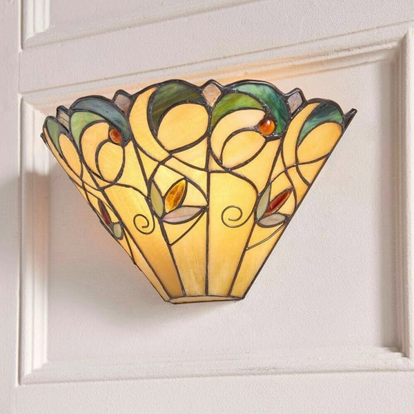Tiffany Glass Floral Design Wall Light - Matt Black Steel - Dimmable LED Lamp Loops