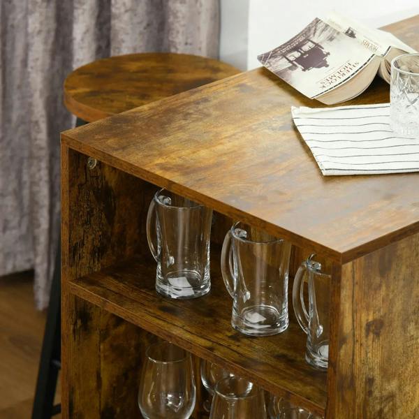Rustic brown storage bar table with glass mugs on the two interior shelves