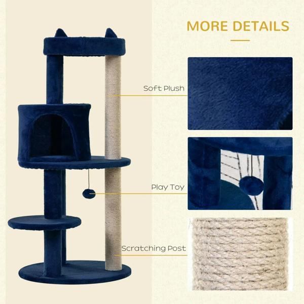 Blue plush cat tree with hanging ball toy, sisal scratching post, and cushioned perches