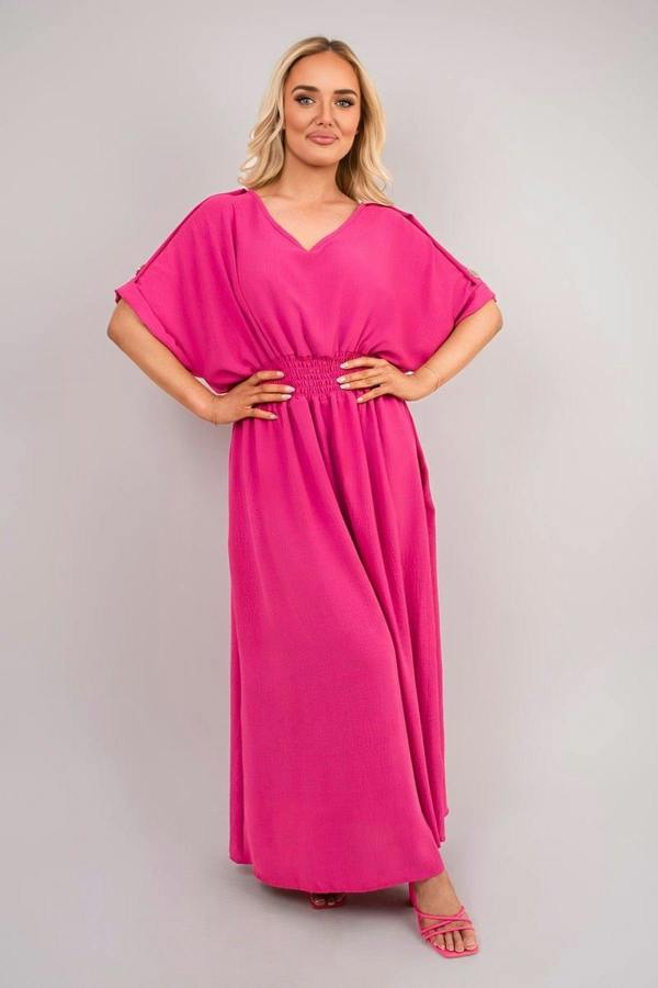 Zamara V Neck Short Sleeve Maxi Dress With Button Detail - Fuschia