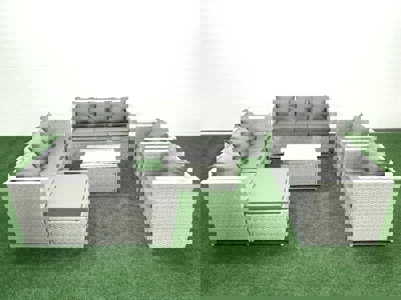 Fimous Outdoor Rattan Sofa Garden Furniture Set with 2 Armchairs Oblong Coffee Table Big Footstool Light Grey Mixed