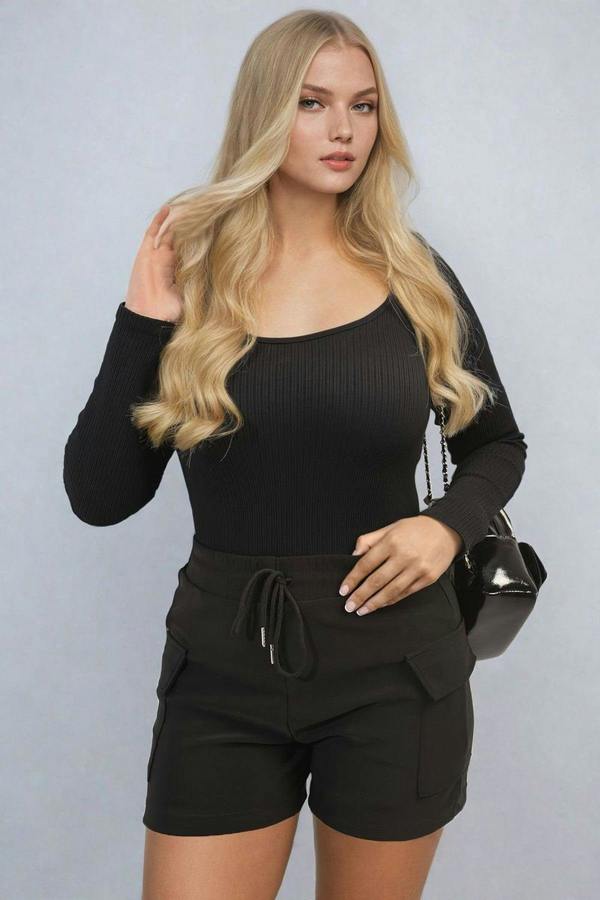 Dulce Elastic Waist Drawstring Pocket Detail Shorts - Black