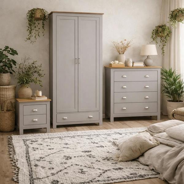 Wyld Haus Ballette Soft Grey Oak Wood Bedroom Furniture Set