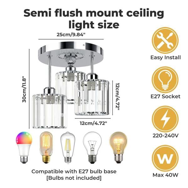 Emitto Crystal Ceiling Light 3 Light E27 Chandelier Semi Flush Mount Lamp Chrome