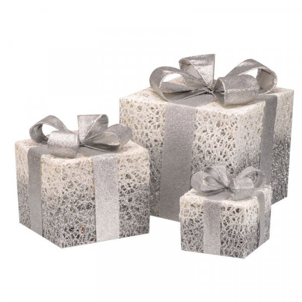 Samuel Alexander Set of 3 Battery Operated Silver Sparkly Christmas Gift Boxes with LEDs
