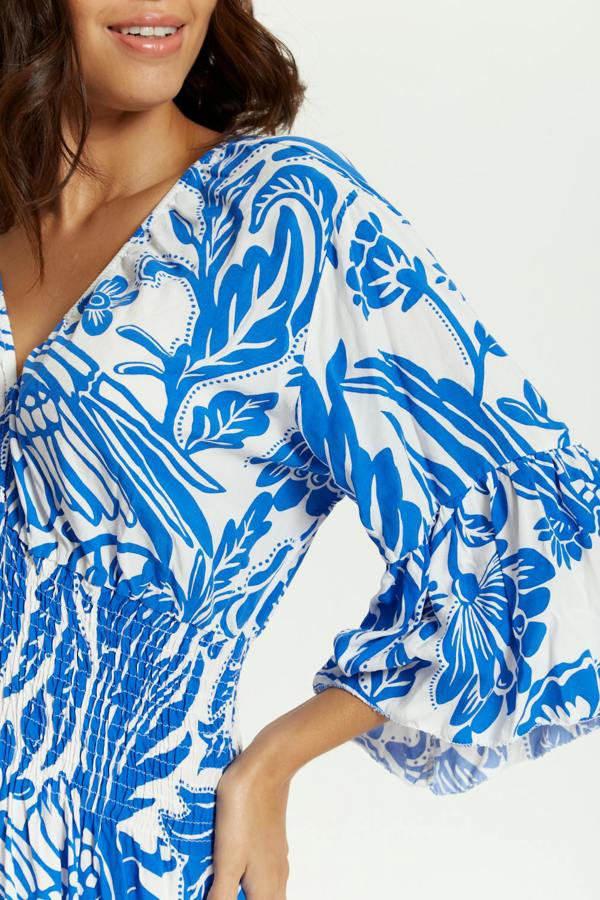Hoxton Gal Oversized V Neck Detailed Floral Print Maxi Dress in Blue and White