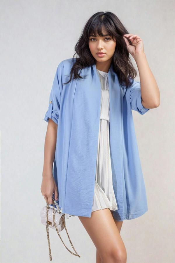 Vivian Open Front Roll Up Sleeve Cardigan - Sky Blue