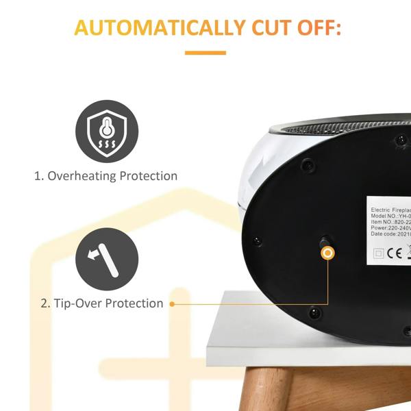 White electric fireplace heater underside with overheating and tip-over protection indicators