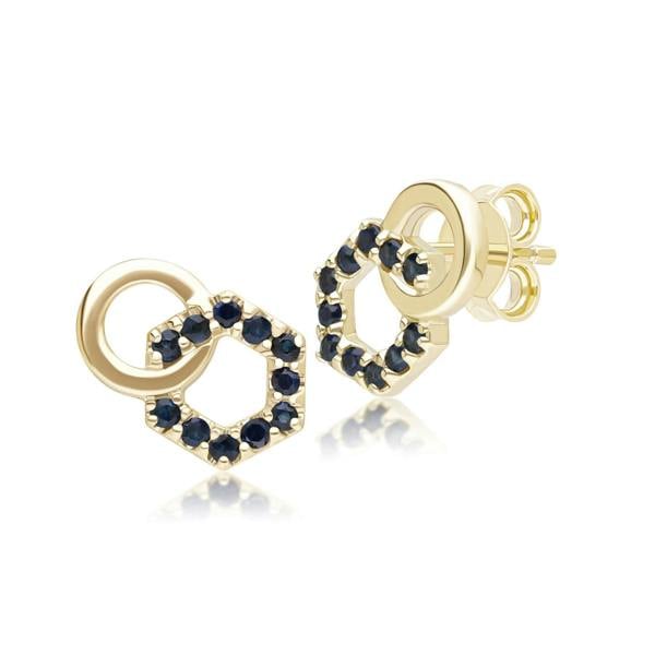 Gemondo Geometric Hexagon and Round Linked with Prong set Sapphire Stud Earrings in 9ct Yellow Gold