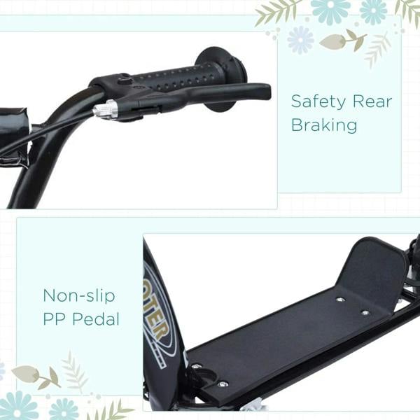 Black kick scooter with safety rear braking and non-slip pedal