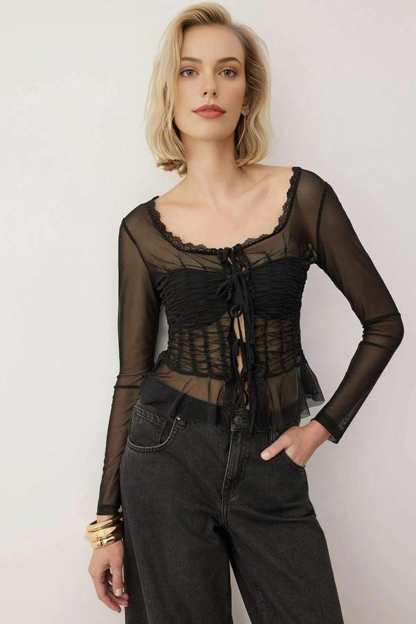 WOVCOR Square Neck Knit Tulle Party Blouse