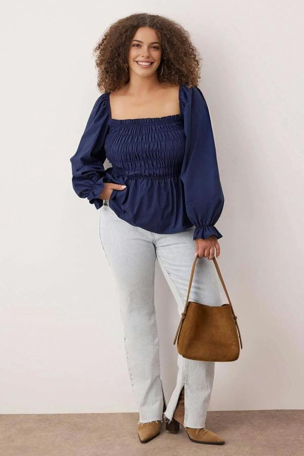 WOVCOR Square Neck Gathered Sleeves Woven Plus Size Blouse