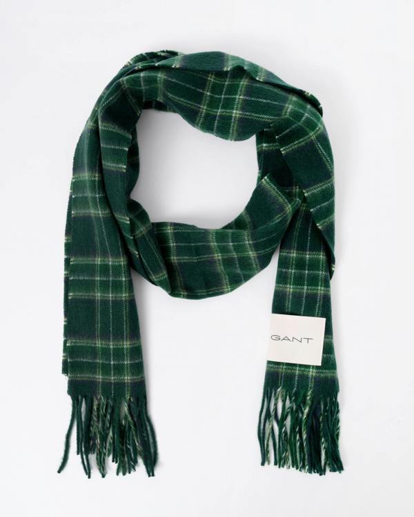 Flat lay of GANT Mens Checked Wool Scarf - 374 Tartan Green
