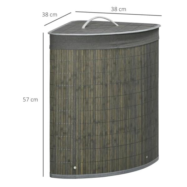 Grey bamboo laundry hamper with lid and curved handle, corner shape